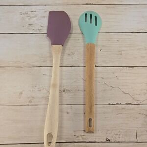 Bonne Table Silicone Spatula and Slotted Spoon Set Wood Handle Purple Mint Green